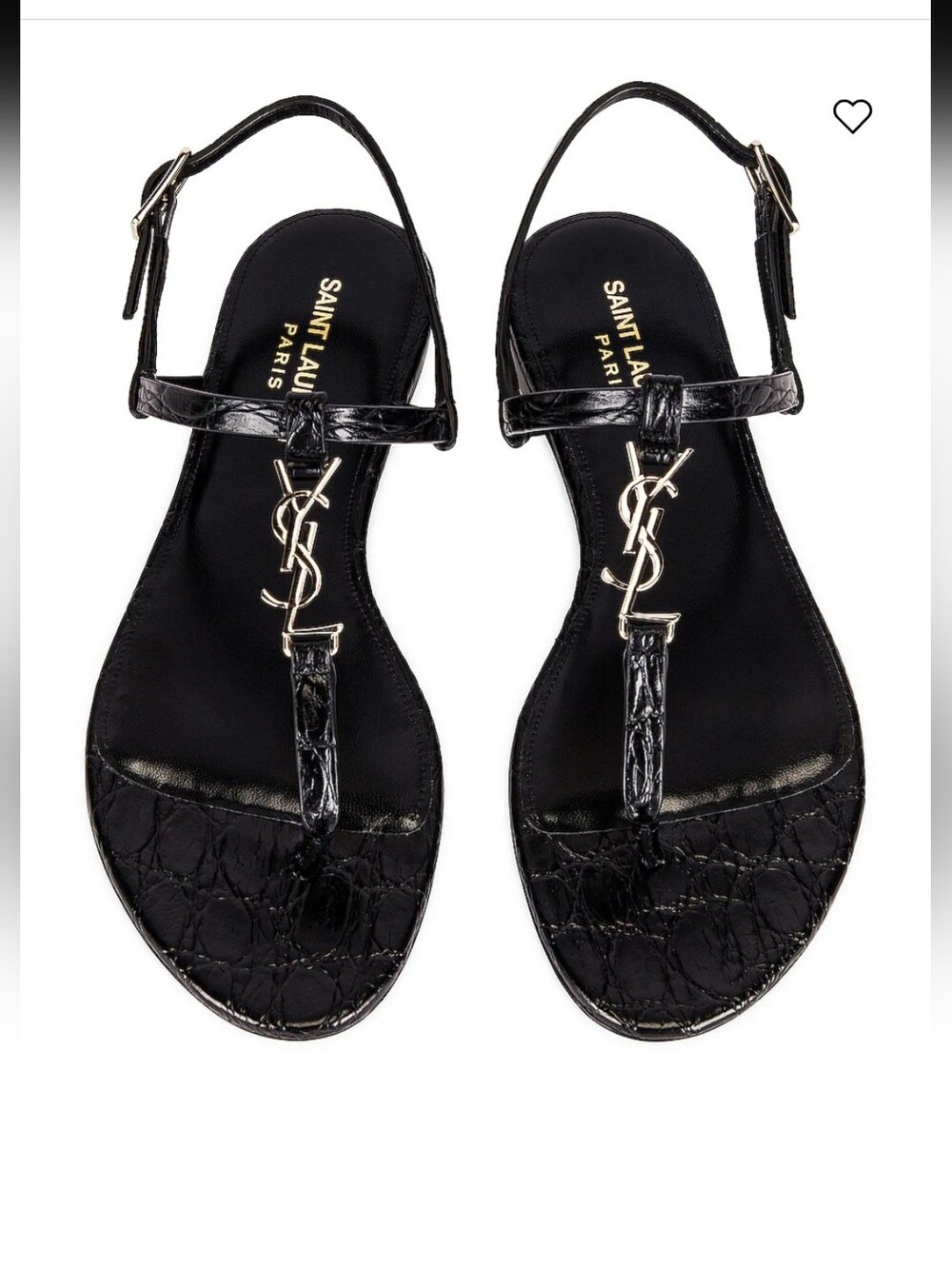 Saint Laurent Cassandra Embossed Croc Flat Sandals Black Size 6.5